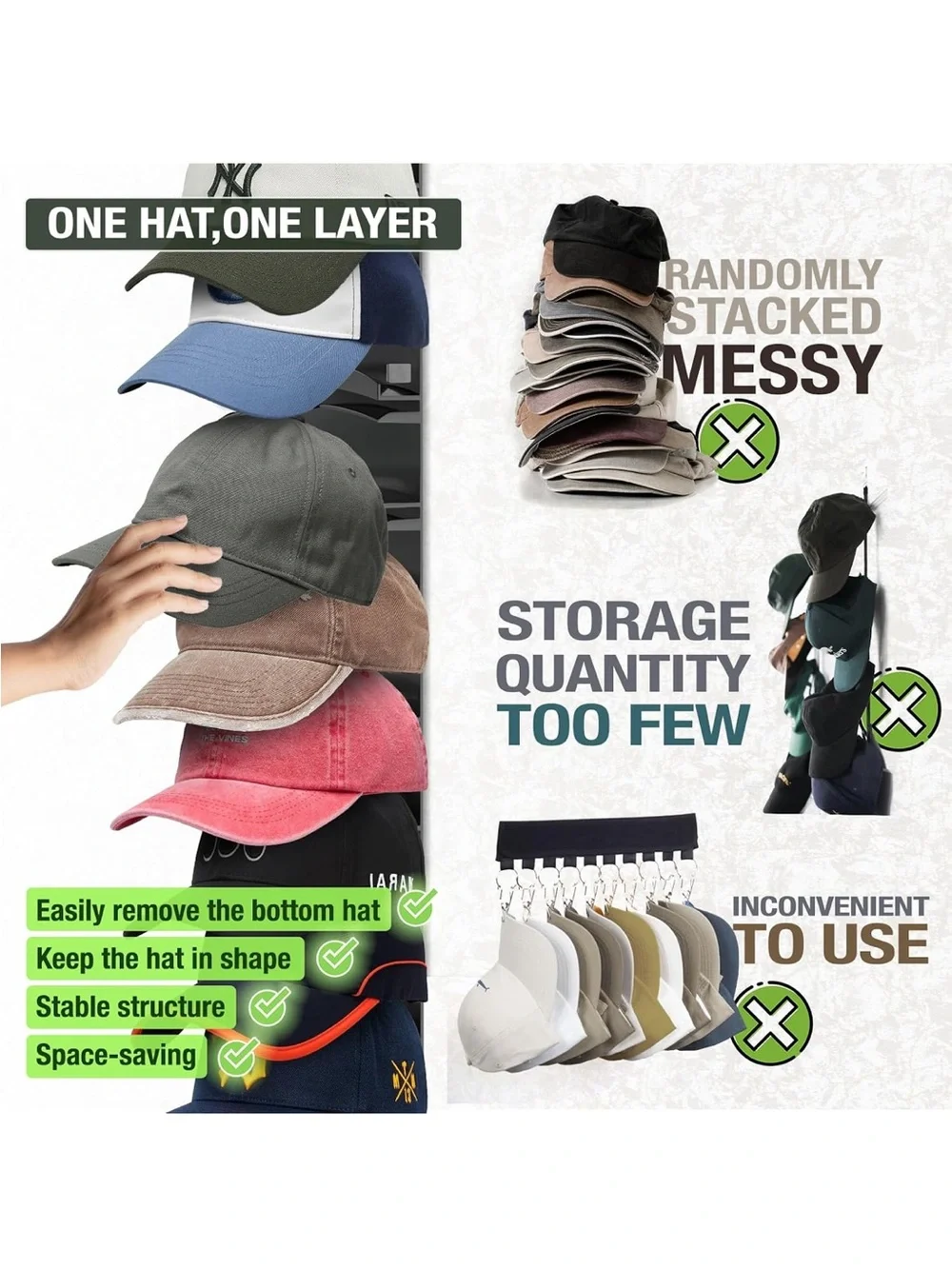 Wall-Mounted Baseball Cap Rack Organizer - Black